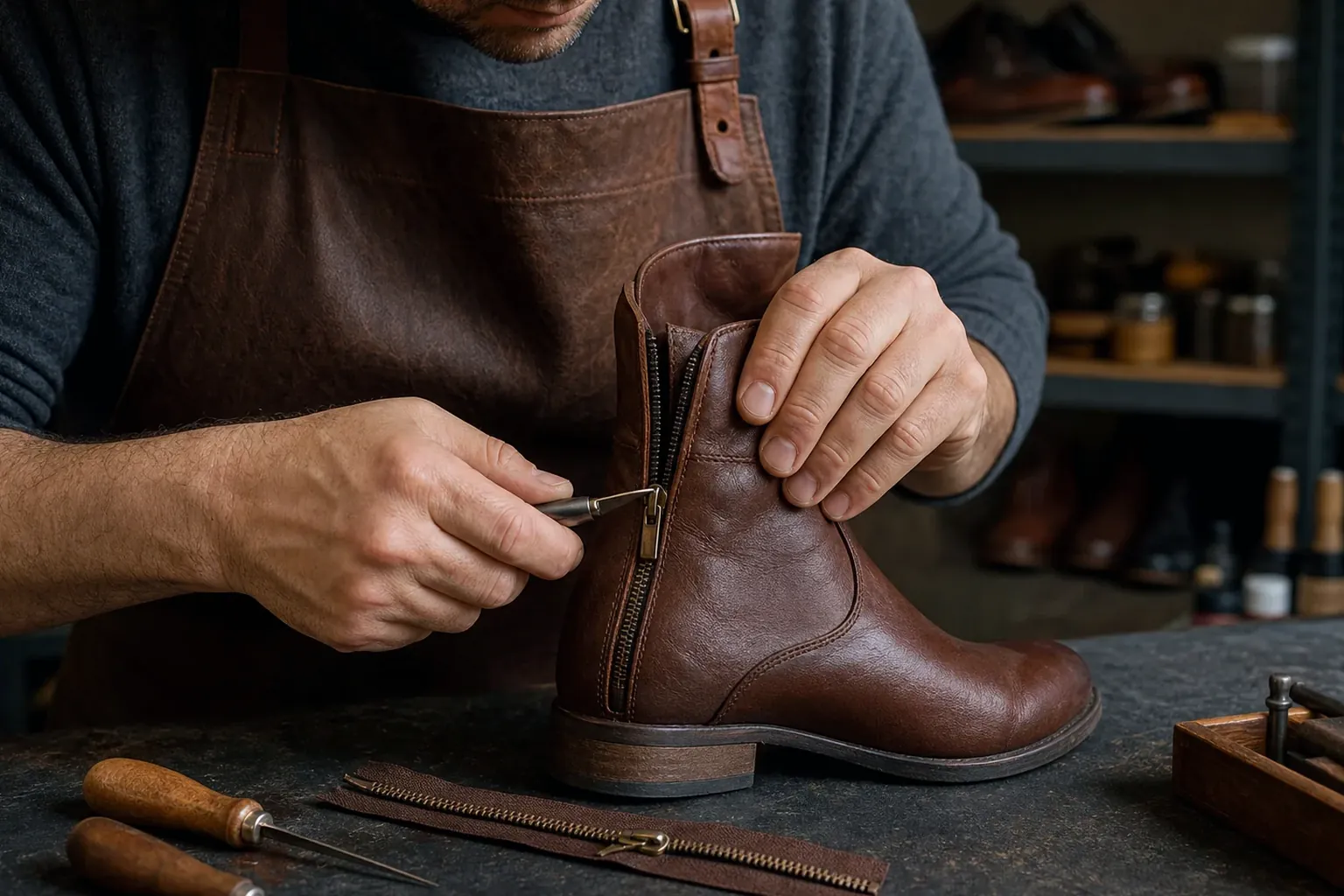 Sapateiro consertando zíper de bota, com ferramentas ao redor.